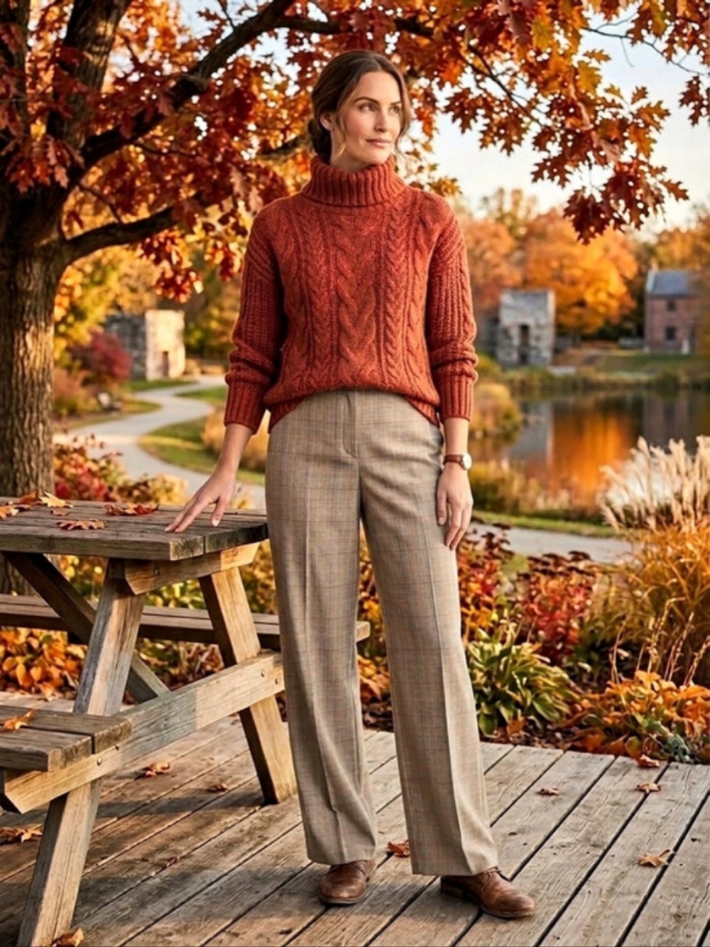 DKNY Plaid Wide Leg Trousers in Brown & Beige NWT